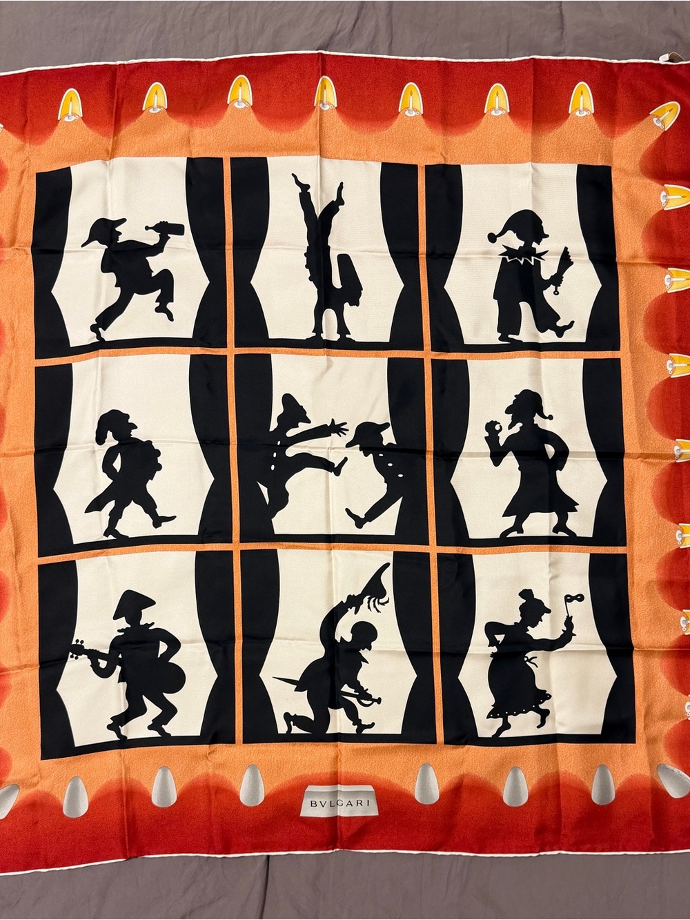 Bulgari Red, Orange and Black Silk Scarf with Graphic Motif